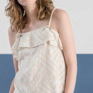 Leo & Sage Ruffle Beige Cami Blouse Top Zipper Rope Peasant Vintage S New
